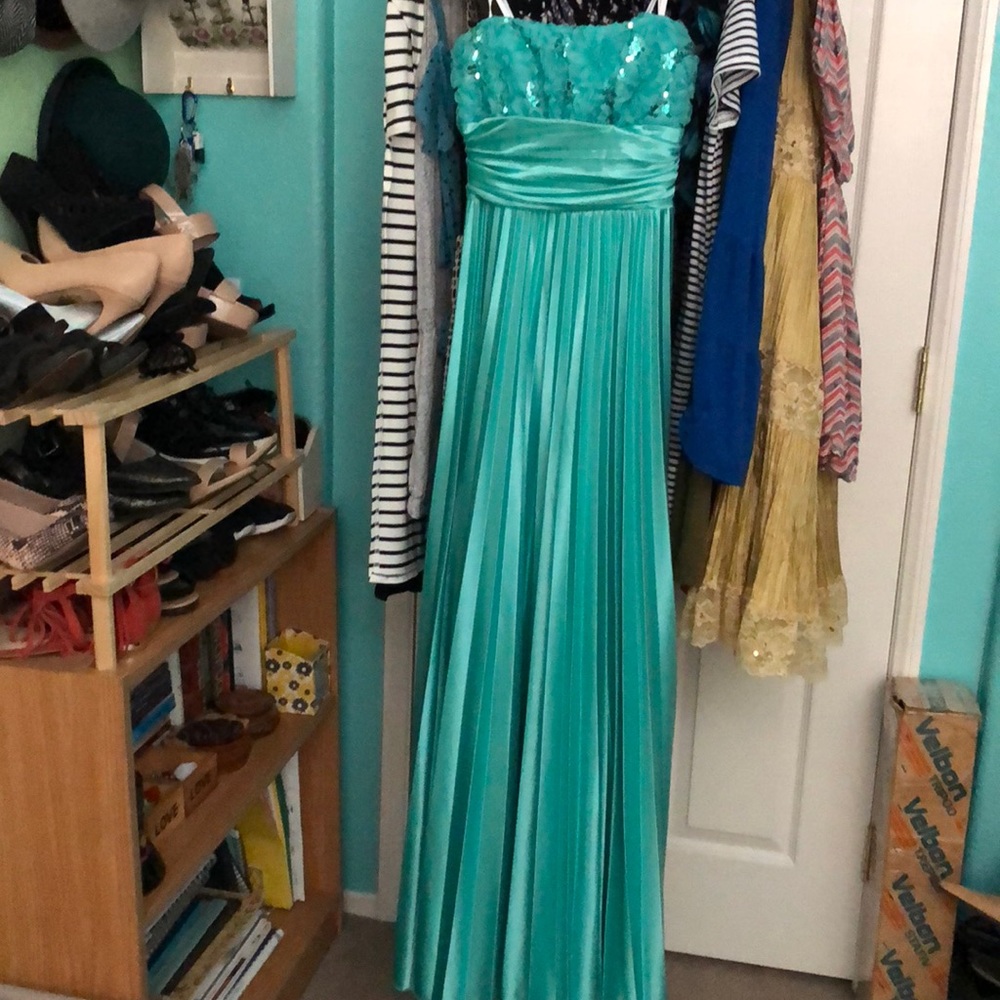 Strapless Seafoam Green Floral Satin Dress